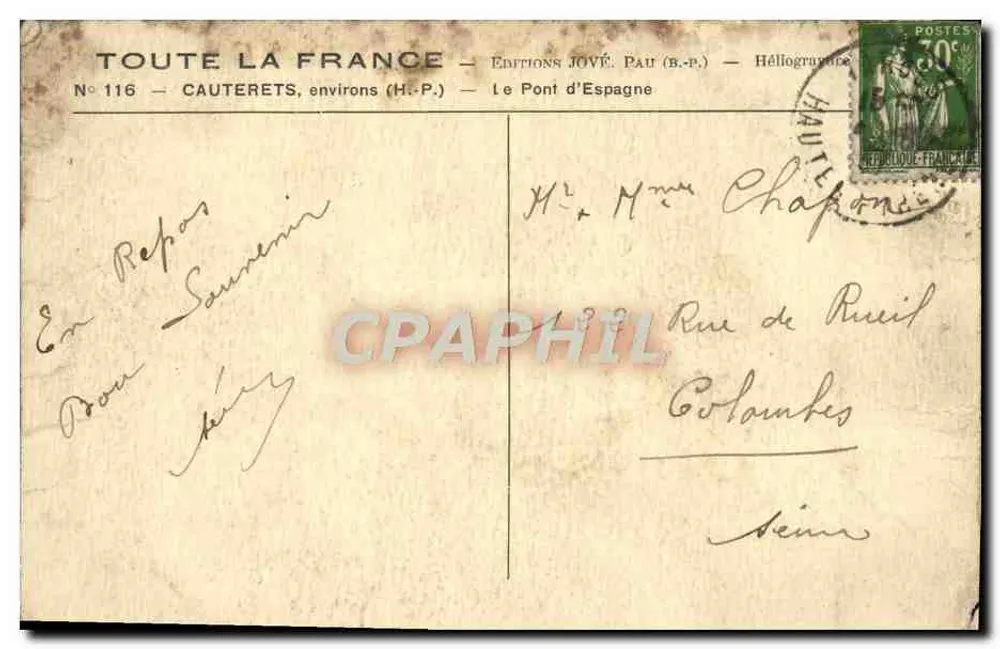 Le Pont d'Espagne — Cauterets, environs (H.-P.) — Éditions JOVÉ, Pau (B.-P.) — N° 116 - Verso