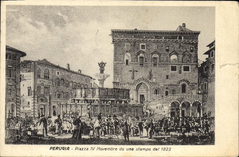 Perugia - Piazza IV Novembre — Nachdruck einer Holzschnitte aus dem Jahr 1823 — Verlag nicht sichtbar - Vorderseite