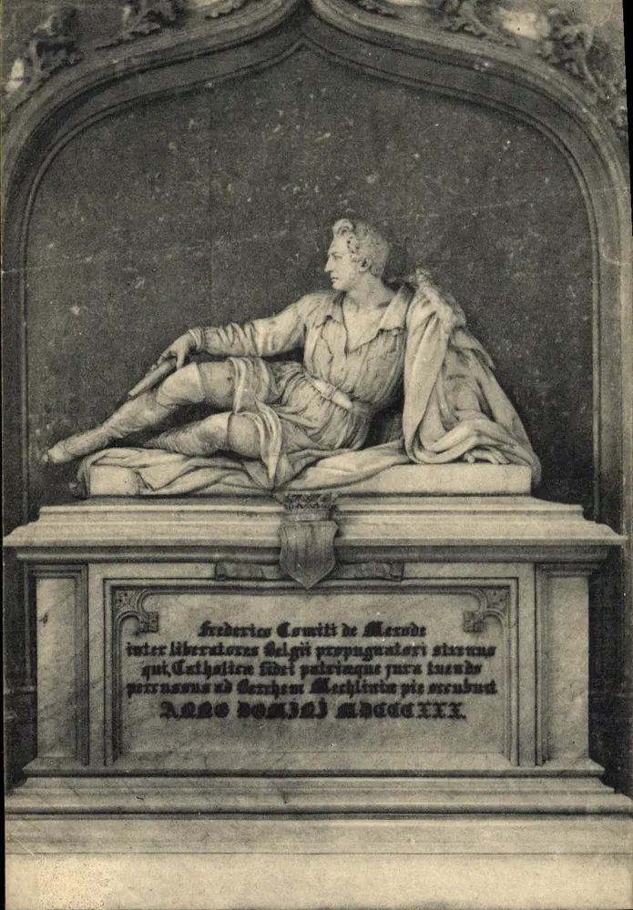 Monumento de Frédéric de Merode — estatua sentada en un nicho decorado — editor Iglesia de los Santos Miguel y Gudula - Anverso