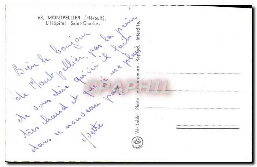 Montpellier (Hérault) — L'Hôpital Saint-Charles — Authentieke fotoreproductie - Achterkant