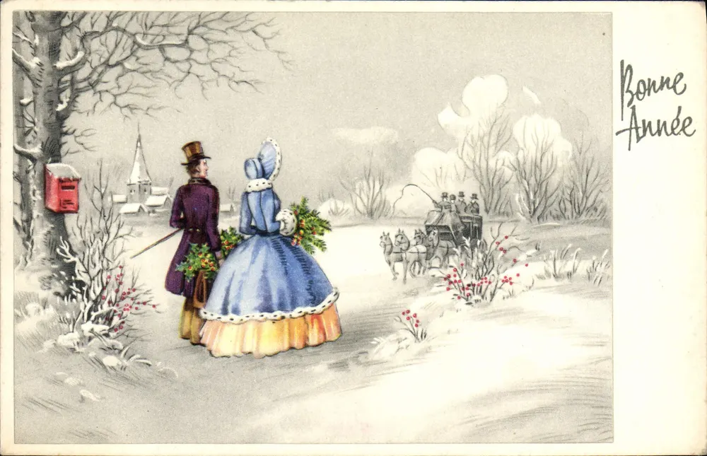 Winterlandschaft — Paar in historischem Kleidungsstück mit Kutsche — Text 'Bonne Année' — Verlag 'ARTS & SPECIAL' (Rückseite) - Vorderseite