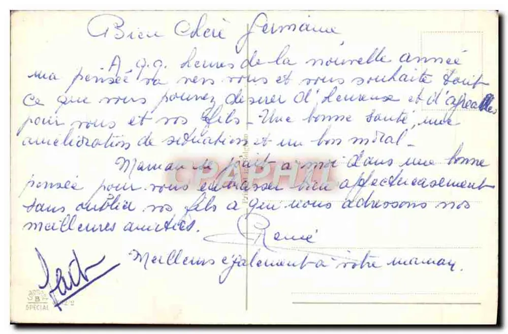Winterlandschaft — Paar in historischem Kleidungsstück mit Kutsche — Text 'Bonne Année' — Verlag 'ARTS & SPECIAL' (Rückseite) - Rückseite