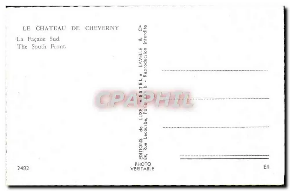 Castelo de Cheverny — Fachada Sul — Editor Estel, n° 2482 - Verso
