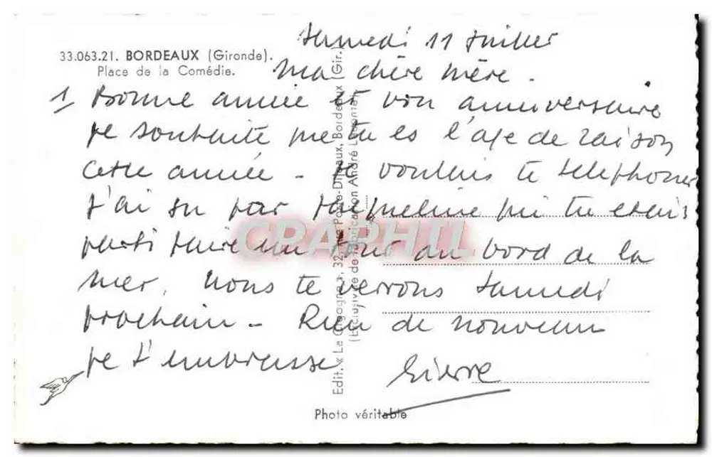 Place de la Comédie — Bordeaux — editor La Cigoche, n° 33.063.21 - Verso
