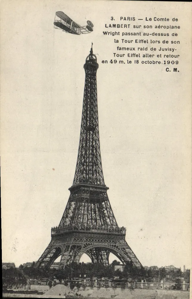 Paris — O Conde de Lambert em seu avião Wright passando sobre a Torre Eiffel durante seu famoso voo de Juvisy, ida e volta em 49 m. em 18 outubro 1909 — C.M. - Frente