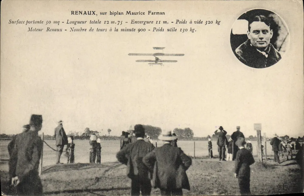 Renaux, auf dem Biplan Maurice Farman — technische Spezifikationen — Verlag - Vorderseite
