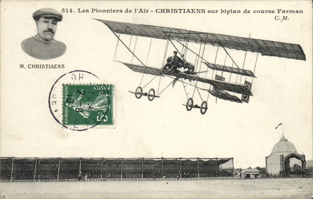 Die Pioniere der Luft - CHRISTIAENS auf einem Farman-Rennflugzeug - C.M. - Vorderseite