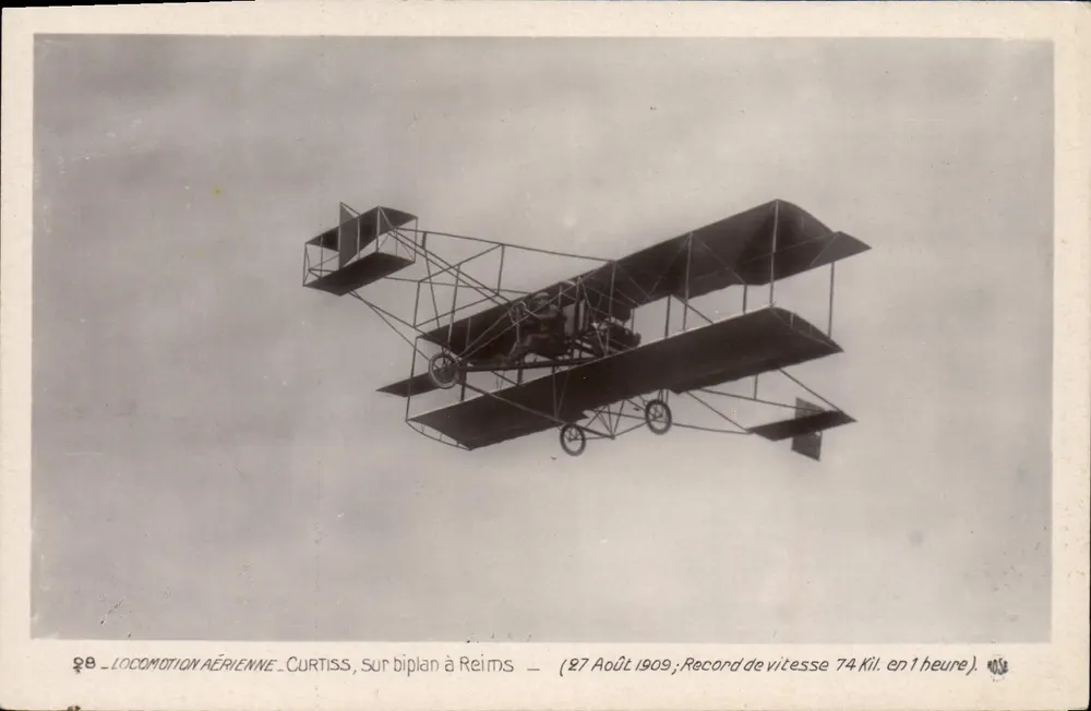 Luftfahrt — Curtiss, auf einem Flugzeug in Reims — 27. August 1909; Geschwindigkeitsrekord 74 km in 1 Stunde - Vorderseite