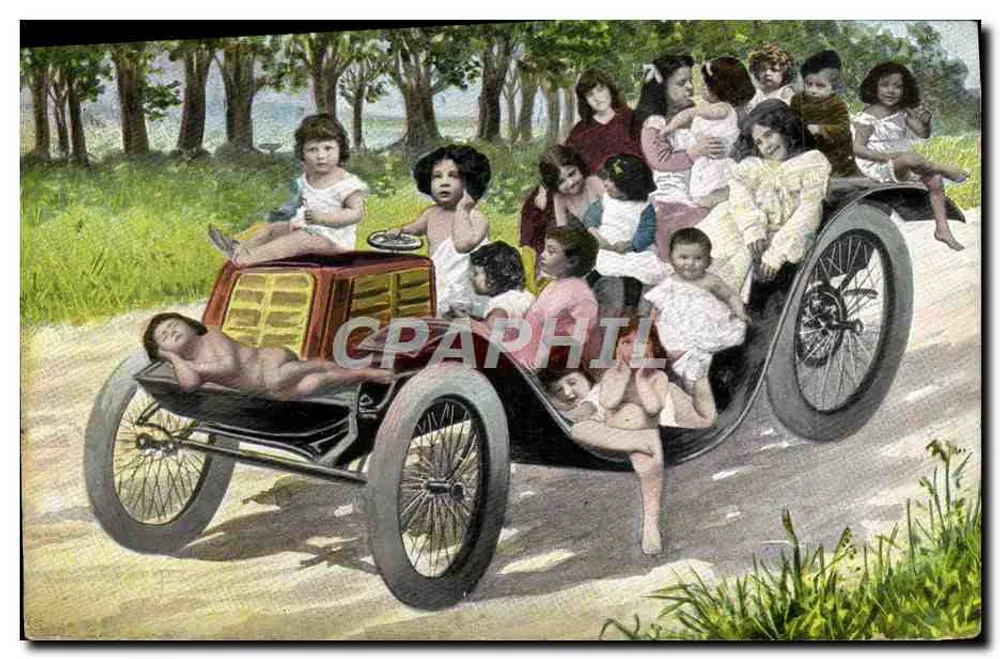 Kinder in einem Auto — humorvolle Szene — Serie 383, veröffentlicht vom Weltpostverein - Vorderseite
