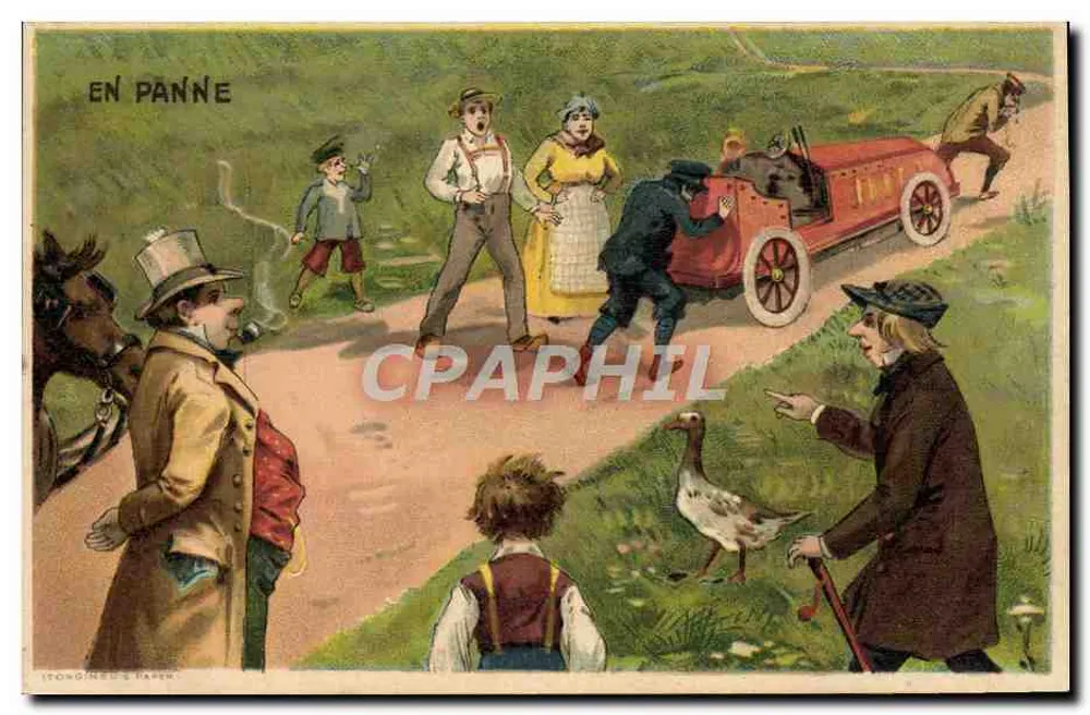 Ausgefallen — Straßenszene mit Motorwagen und Figuren — Verleger I. Longines & Fils, n° 134 - Vorderseite