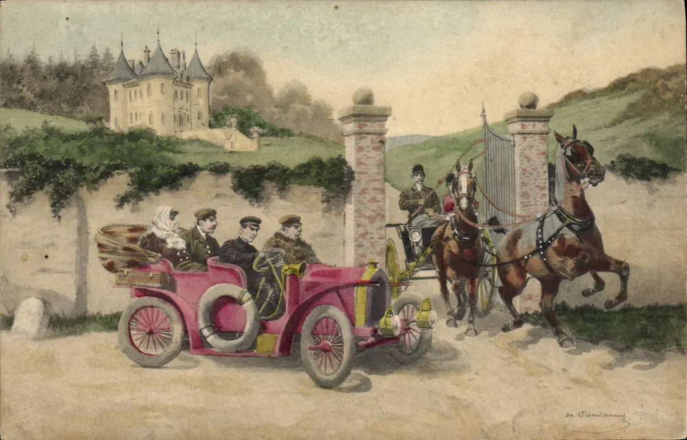 Castelo de Corrèze — carro automóvel e carruagem diante de portas — desenho de Corrézany - Frente