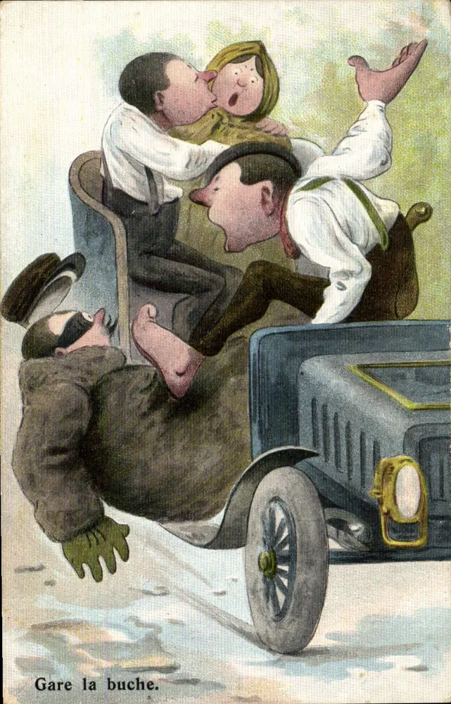 Bahnhof La Buche — Karikatur eines rutschenden Wagens — Weltpostverein, Serie VI - Vorderseite