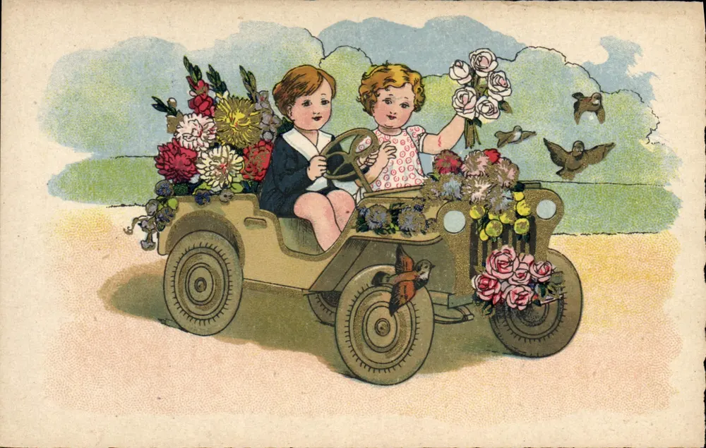 Zwei Kinder in einem blumengeschmückten Wagen — Verlag EKO, n° 901/2 - Vorderseite