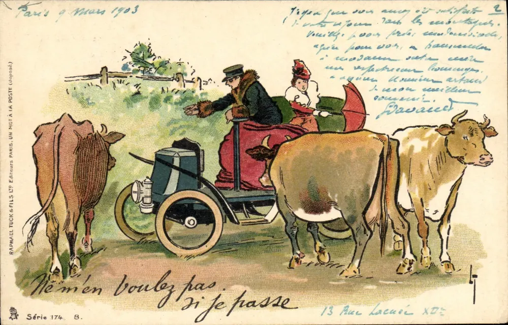 Automobil umgeben von Kühen — Paris, 9. März 1903 — Raphaël & Fils, Serie 174, B. - Vorderseite