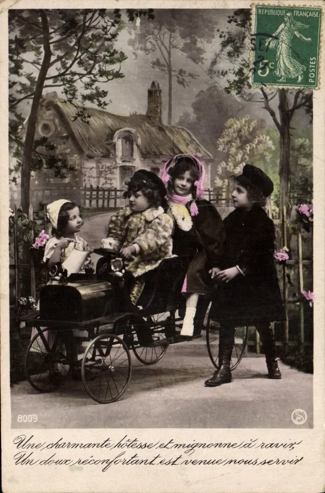 Vier Kinder spielen mit einem kleinen Auto — Verlag S. n° 8009 - Vorderseite