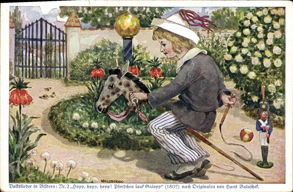 Niño jugando con un caballo de madera — Volkslieder in Bildern Nr. 2 — Hbaluschek - Anverso