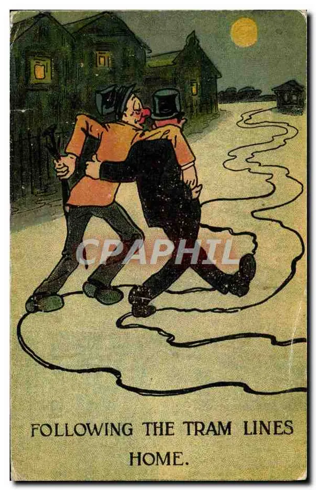 Zwei Liebende folgen den Straßenbahnlinien — Nachtlandschaft — unbekannter Verlag, Nr. 729 - Vorderseite