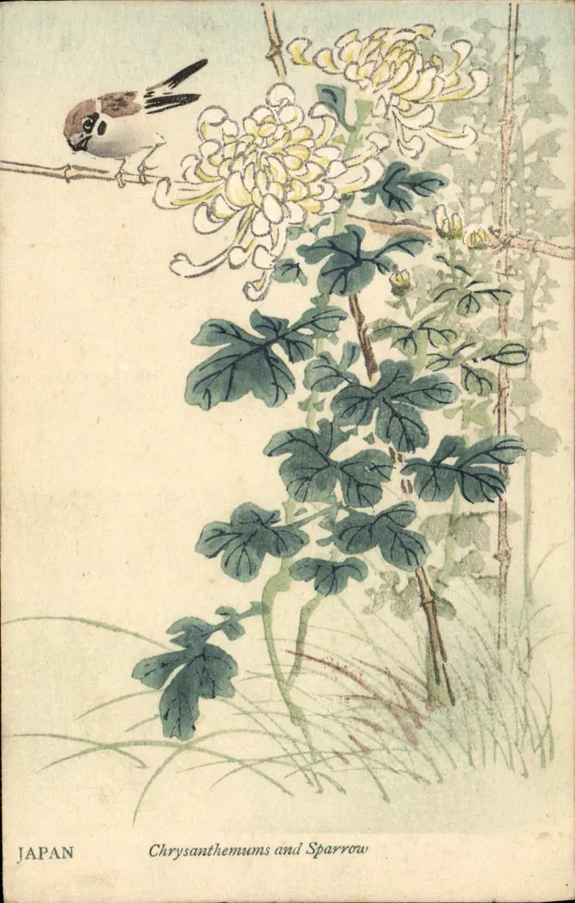 Chrysanthemen und Spatz — Japan — Gedruckt in Tokio von K. Nii - Vorderseite