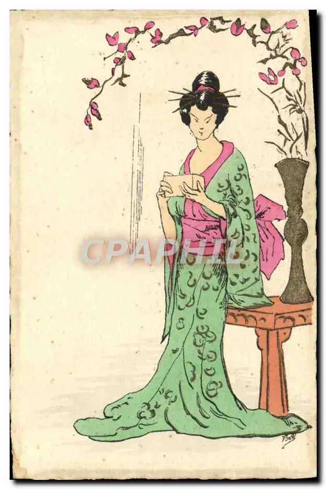 Junge Frau im grünen Kimono — Blumen-rosa Dekor — französischer Hersteller, Serie Nr. 106 - Vorderseite