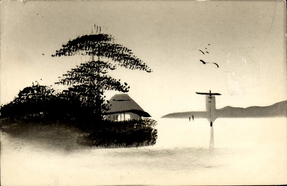 Paisagem japonesa — casa em ilha com pinheiro e farol — editor desconhecido, número de série não visível - Frente