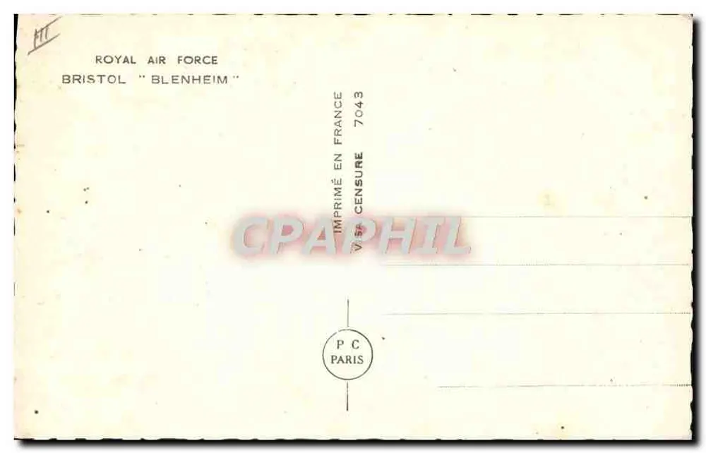 Fuerza Aérea Real — Bristol "Blenheim" — Impreso en Francia 7043 - Reverso