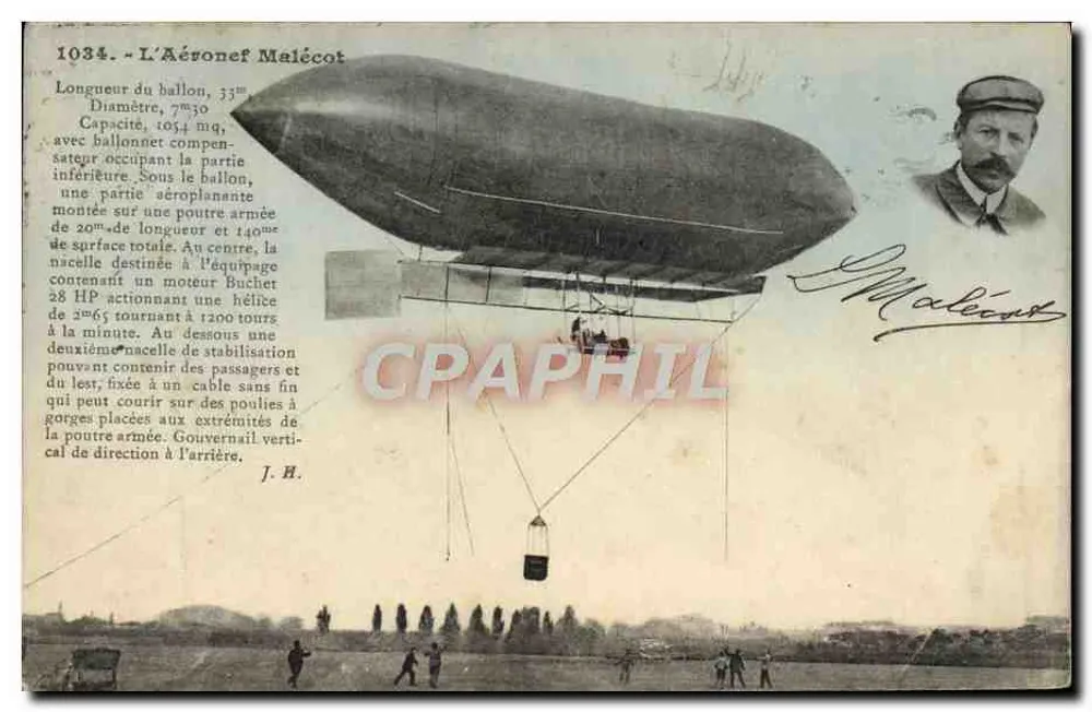 O Aéronauta Malécot — balão dirigível com detalhe técnico — J. Hauser, fot.édit., Paris - Frente