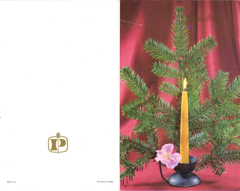 Natal — abeto e vela — editor P, série 950/72, impressa na Itália - Frente