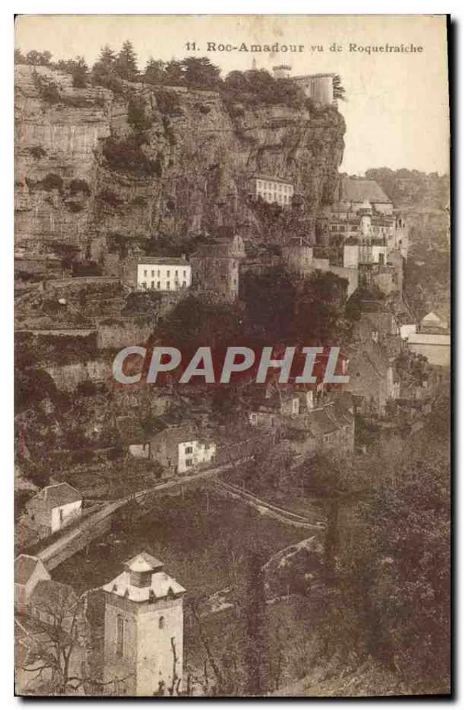 Roc-Amadour visto de Roquefraiche — vista panorâmica do vilarejo elevado — editor não identificado, n° de série 11 - Frente