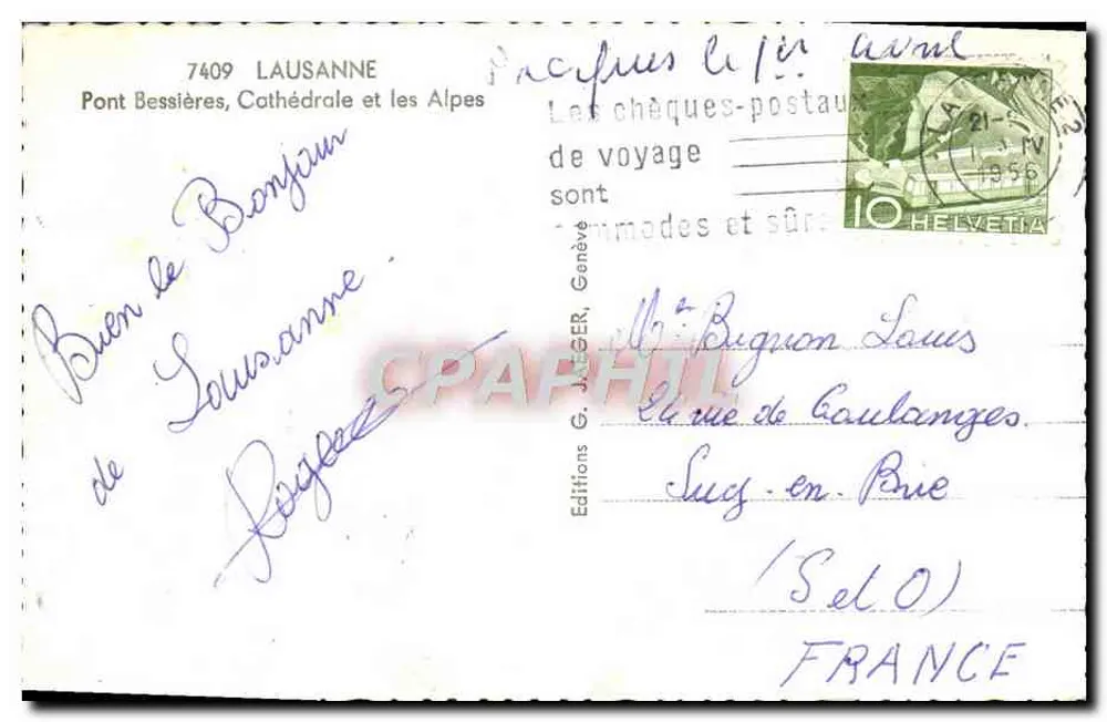 Lausanne — Brücke Bessières, Kathedrale und die Alpen — Éditions G. JUGGER, Genf, Nr. 7409 - Rückseite