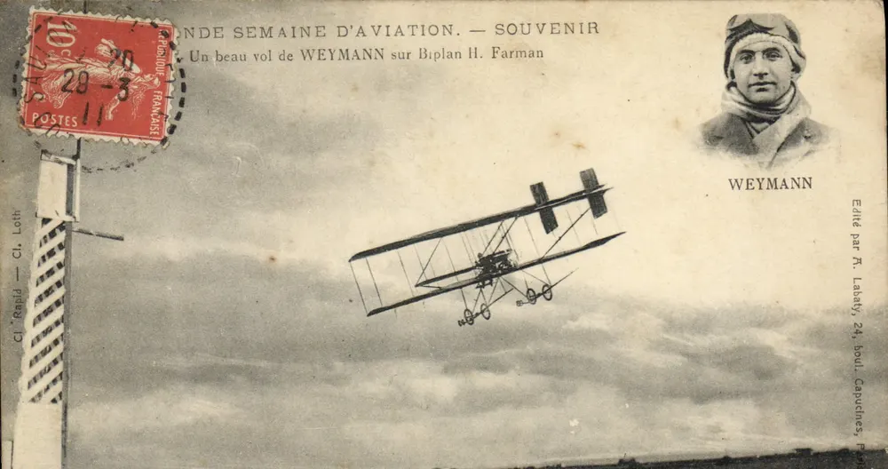 Aviation — Erinnerung an die 2. Luftschiffwoche — Weymann auf Biplan H. Farman — Verlag von R. Lababy, 24, boulevard Capucines, Paris - Vorderseite