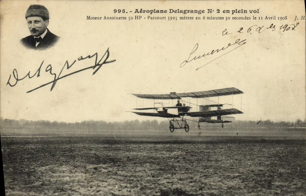 Flugzeug Delagrange N°2 in der Luft — Antoinette 50 PS-Motor, 3925 Meter in 6 Minuten 30 Sekunden am 11. April 1908 — J. Hauser, Paris - Vorderseite