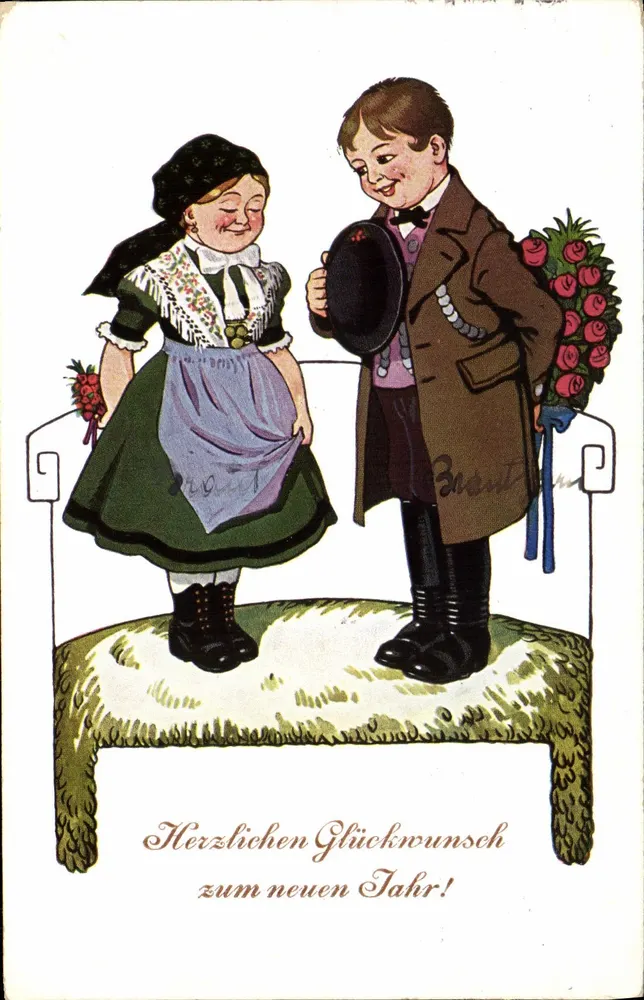 Casal jovem em traje tradicional — desejo de feliz ano novo — editor 'Braun' n° não visível - Frente