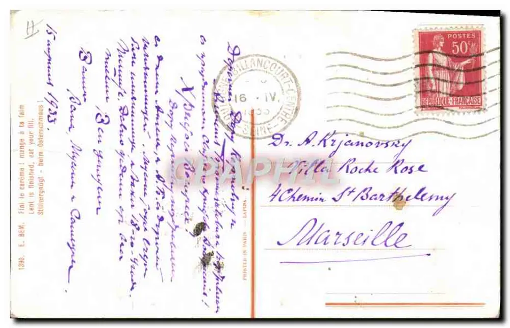 Criança comendo bolos — mensagem em cirílico — Editor J. Labina, Paris - Verso