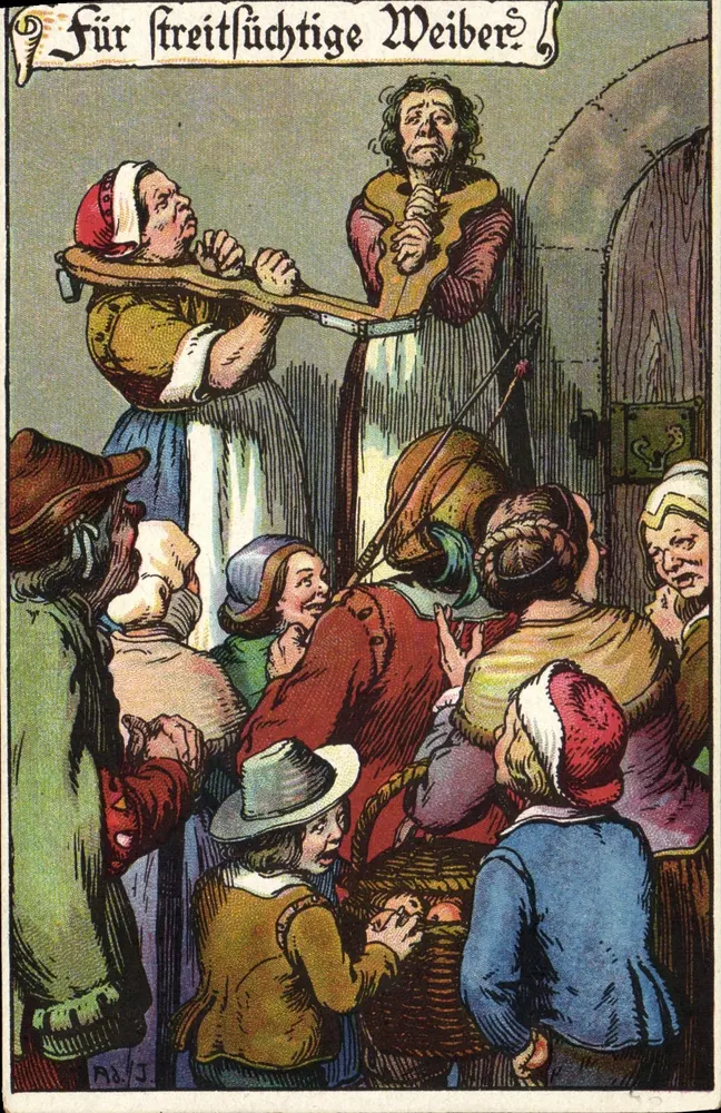 Scena uliczna z groźną kobietą — karikatura — Lith. & Druck von E. Nider, Nürnberg - Awers