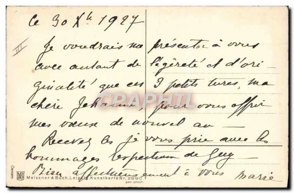 Três crianças com turbantes coloridos — N° 2990 — Meissner & Buch, Leipzig - Verso