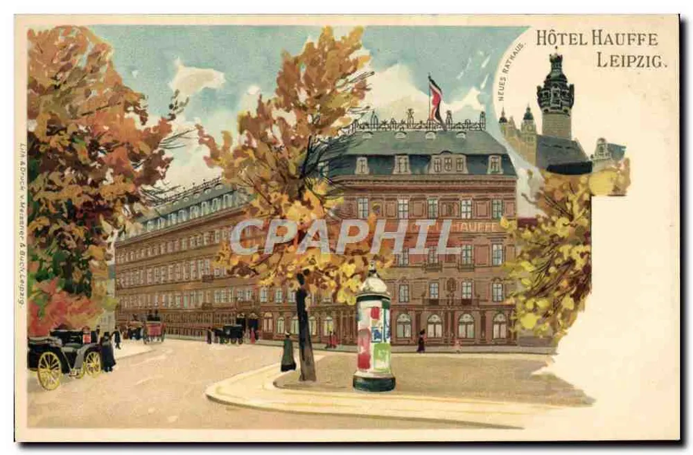 Hôtel Hauffe Leipzig — widok jesieni — wydawca L. Weisser & Buchner, Leipzig - Awers