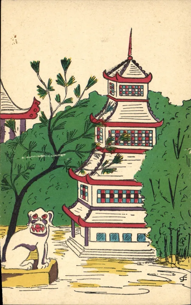 Pagode chinesa — com leão de pedra — editada por - Frente