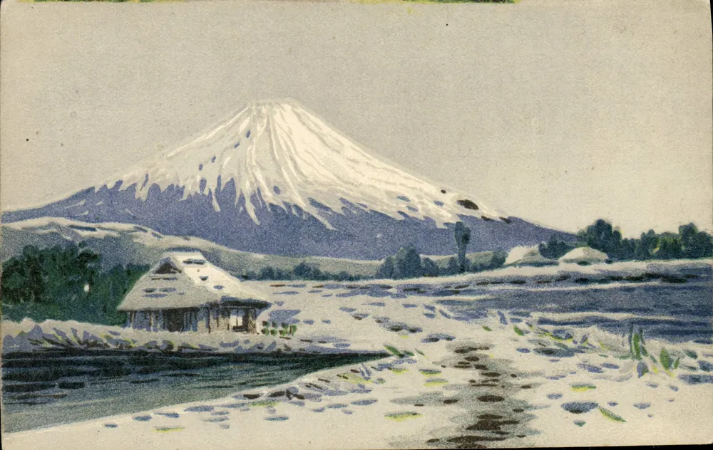 Monte Fuji nevado — vista invernal com cabana — editor Nishida & Co, Tóquio - Frente
