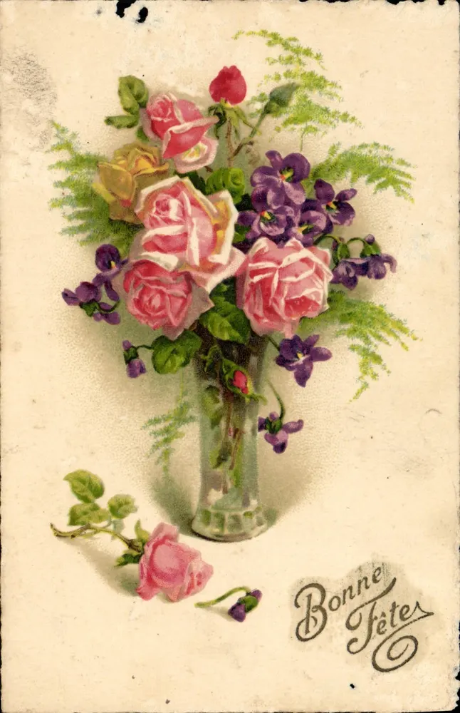 Arranjo de rosas e violetas — Boa Festa — Editor EMICA, série não visível - Frente