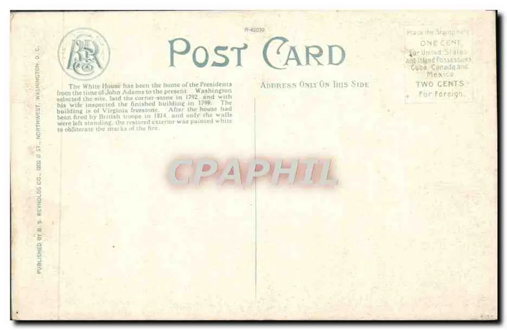 White House, Eingang des Präsidenten — Washington, D.C. — Verlag R. S. Reynolds Co. - Rückseite
