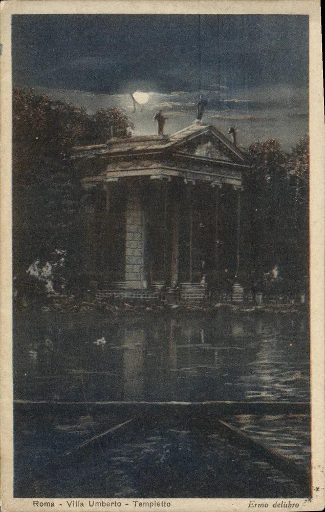 Roma - Villa Umberto - Tempietto — vista noturna sob a lua — Ermo delübro - Frente