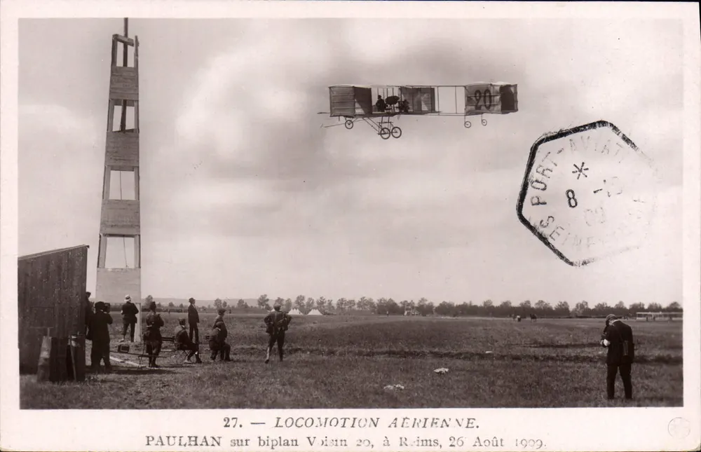 Paulhan in einem Voisin 20-Doppeldecker in Reims — 26. August 1909 — Edition Port-Aviateur - Vorderseite