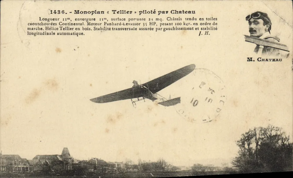 Monoplano « Tellier » pilotado por Chateau — J. Hauser, fot.-edit., Paris — n° 1436 - Frente