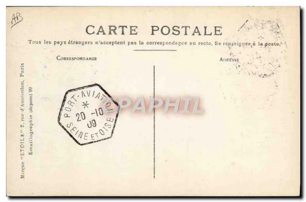 Das Flugzeug "Latham" beim Start — Paris, Verlag Étoile, Nr. 2, Rue d'Amsterdam 59 - Rückseite