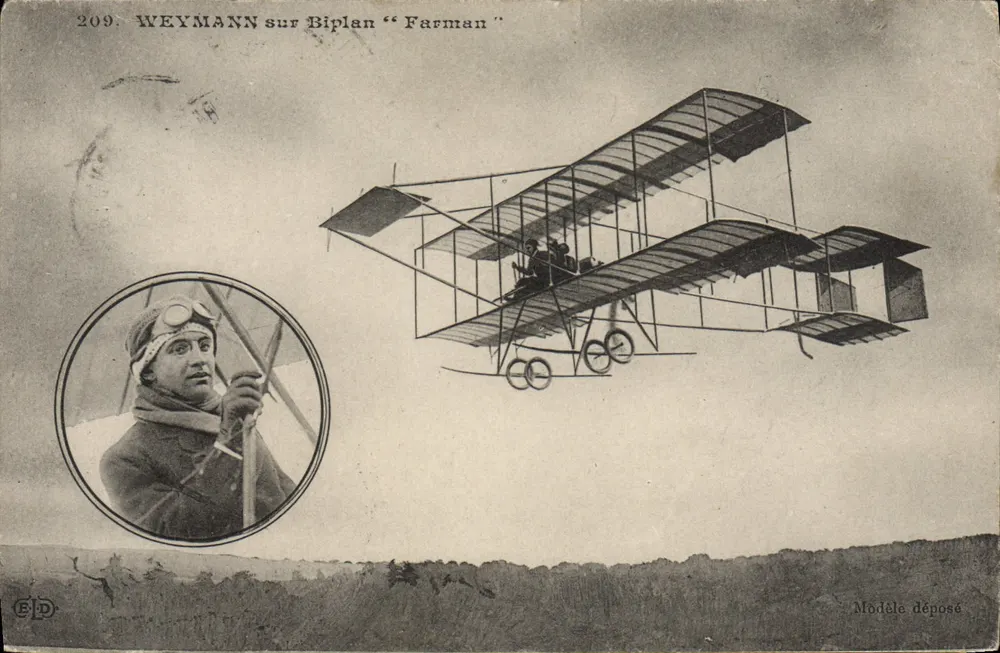 Weymann sobre Biplano "Farman" — modelo depositado — E.P. (editor desconhecido, n° 209) - Frente