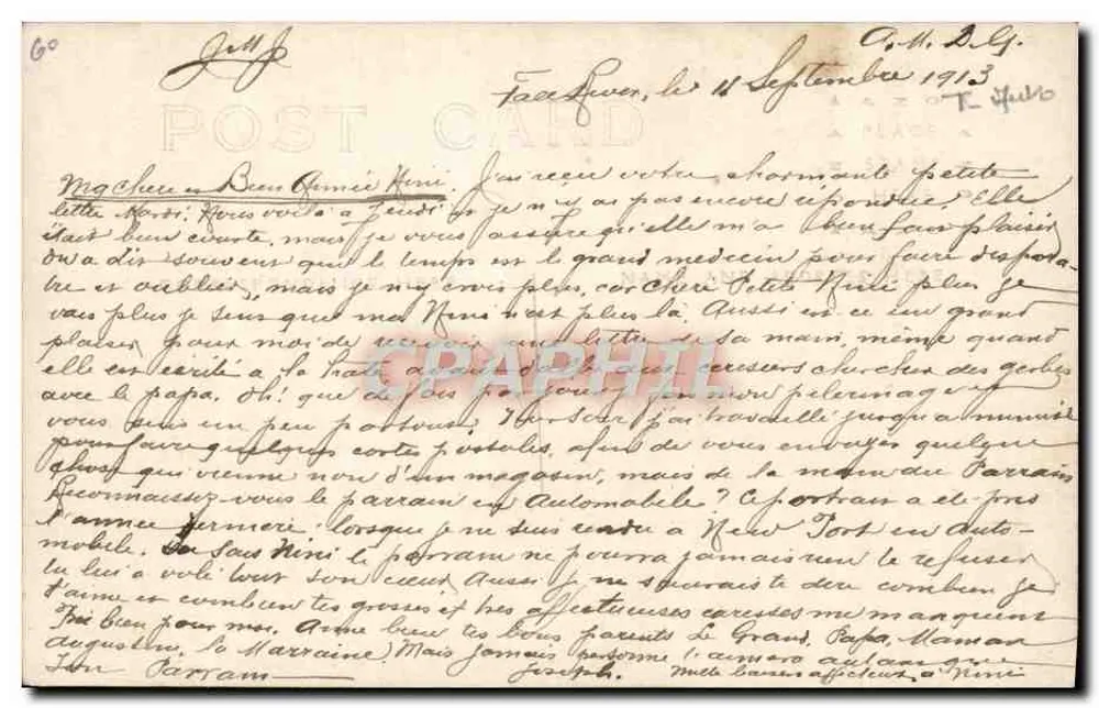 Quatro homens em um automóvel antigo — Façques, setembro de 1913 — editor desconhecido - Verso