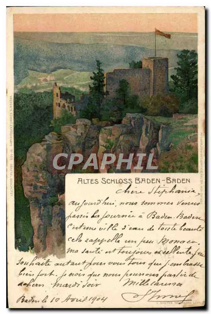 Altes Schloss Baden-Baden — vista do castelo em ruínas — editor J. Nister, n° 468 - Frente