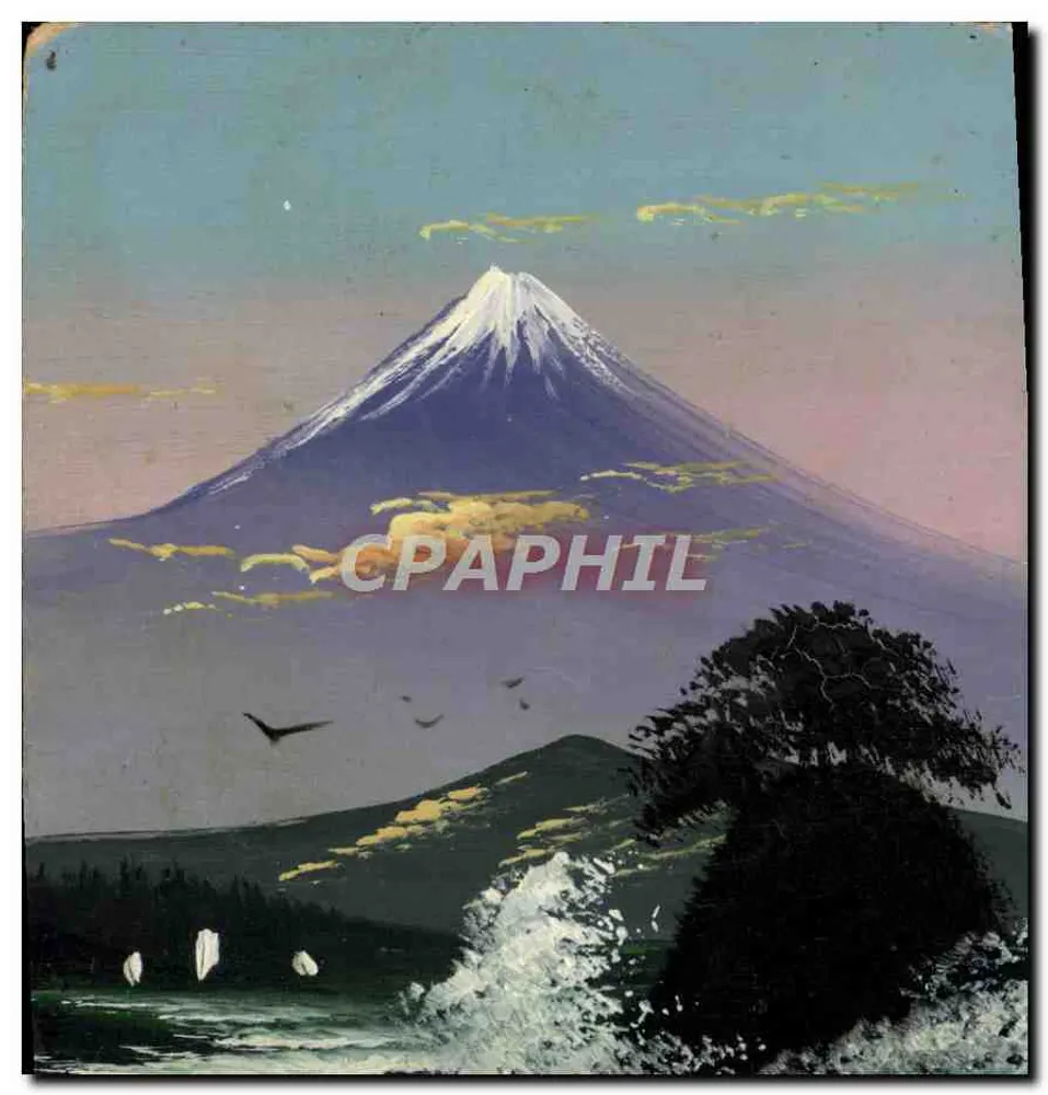 Mont Fuji — vue panoramique avec vagues et oiseaux — éditeur inconnu - Frente