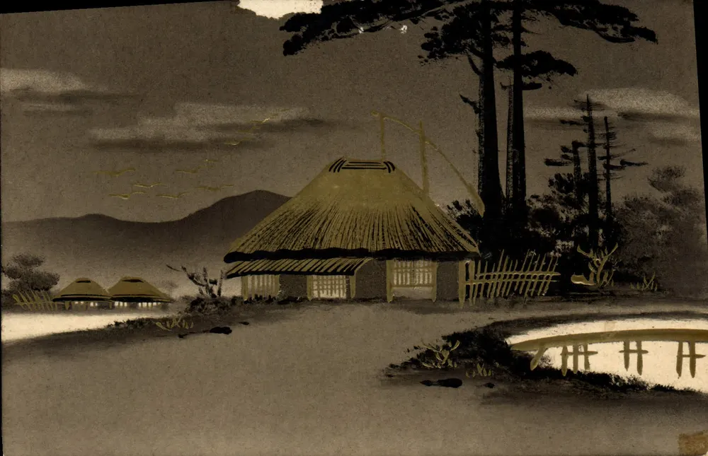 Paisagem japonesa — casa de palha e montanhas — editor desconhecido, n° de série não visível - Frente