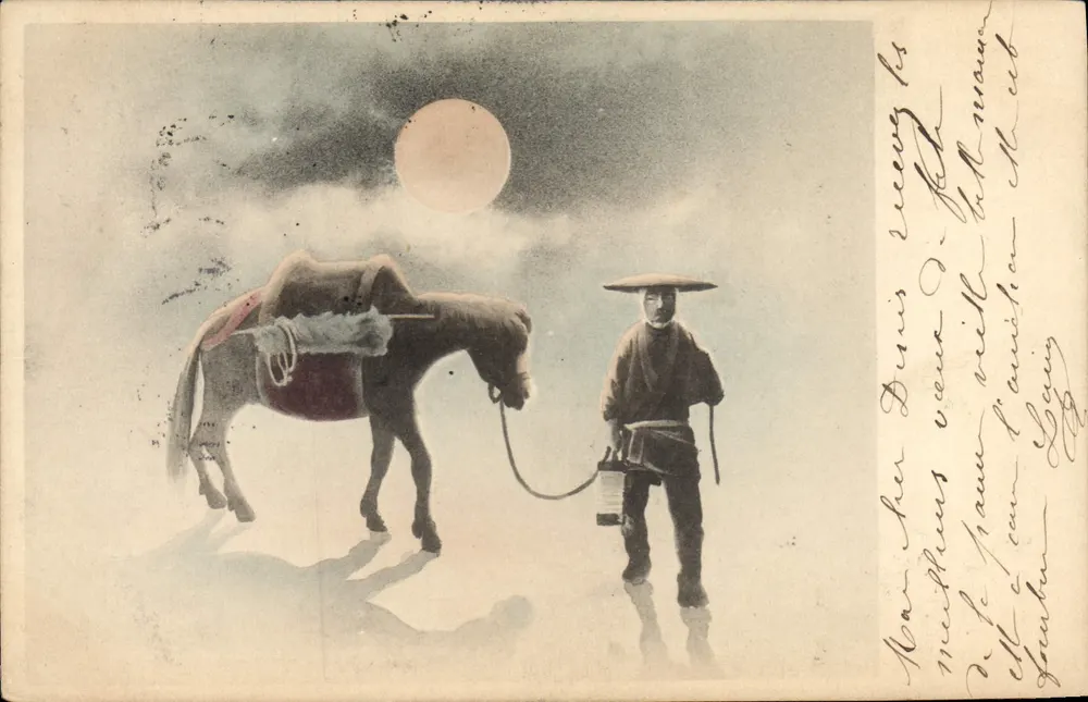 China — Paisagem noturna com homem e jumento — Union Postale Universelle - Frente